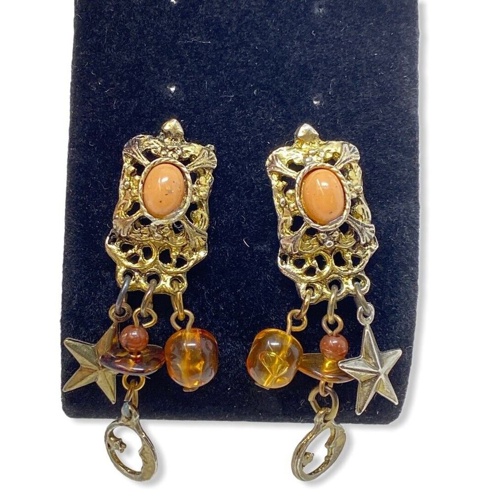 Gold Toned Pierced Earrings with Peach Cabochon and Celestial Drop Dangles Moon,